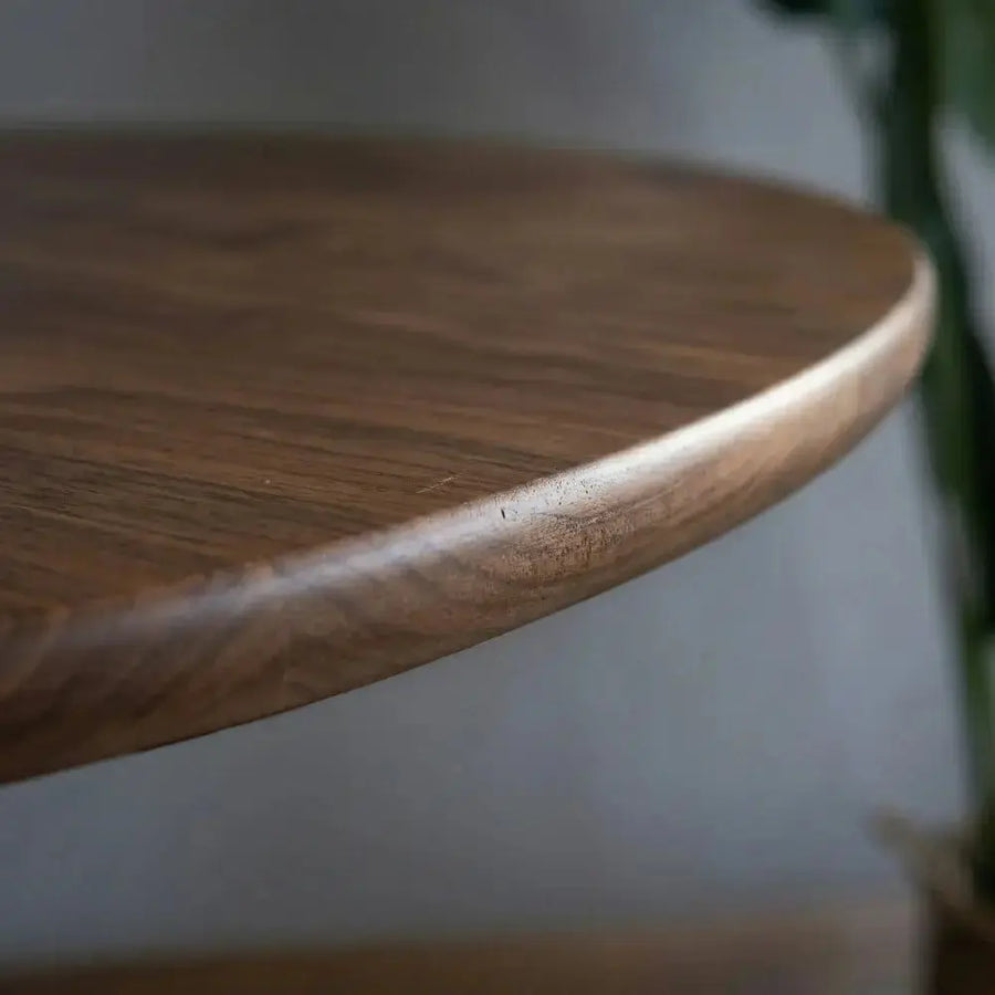 Dorel Round Walnut Dining Table with Sculptural Base – Modern Pedestal Design Mozilya