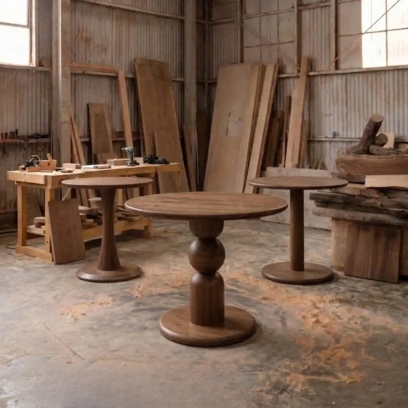 Dorel Round Walnut Dining Table with Sculptural Base – Modern Pedestal Design