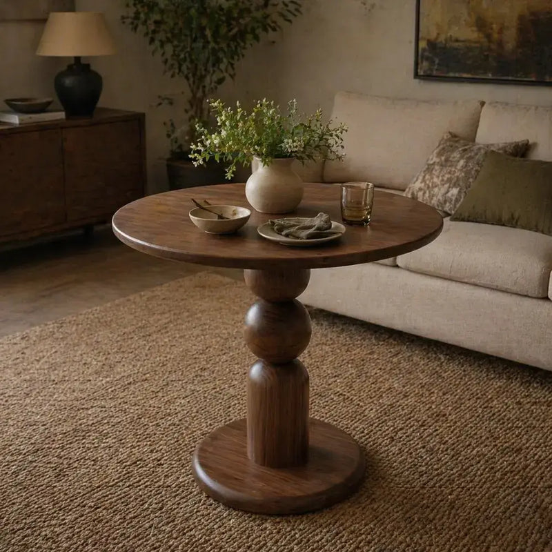 Dorel Round Walnut Dining Table with Sculptural Base – Modern Pedestal Design