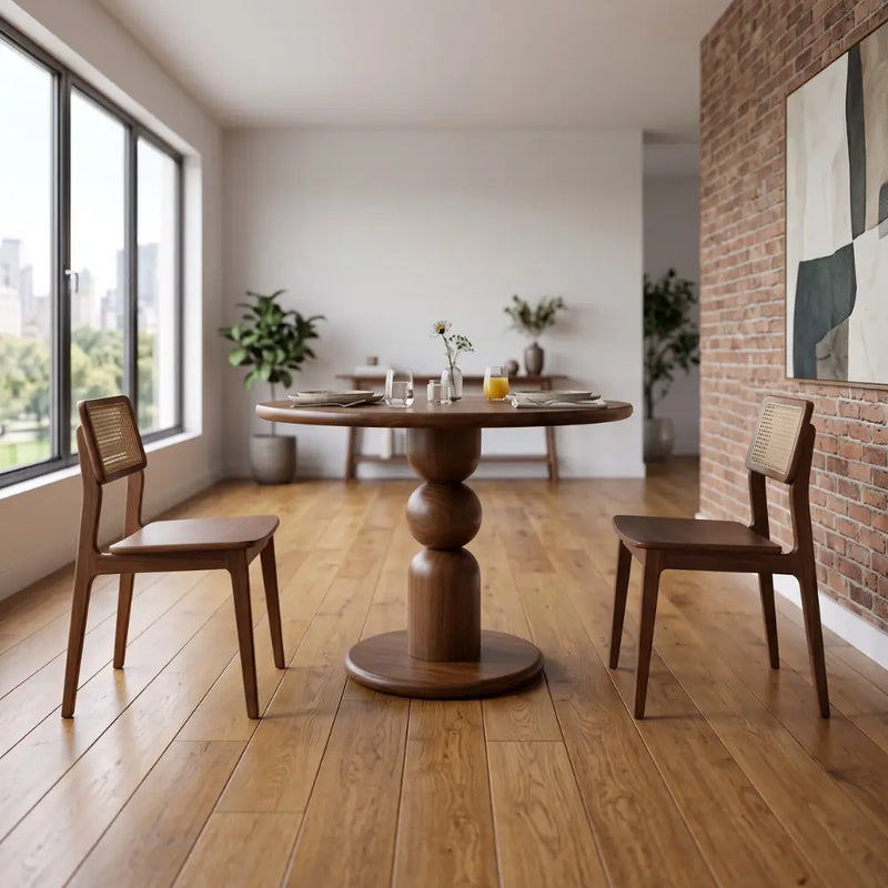 Dorel Round Walnut Dining Table with Sculptural Base – Modern Pedestal Design