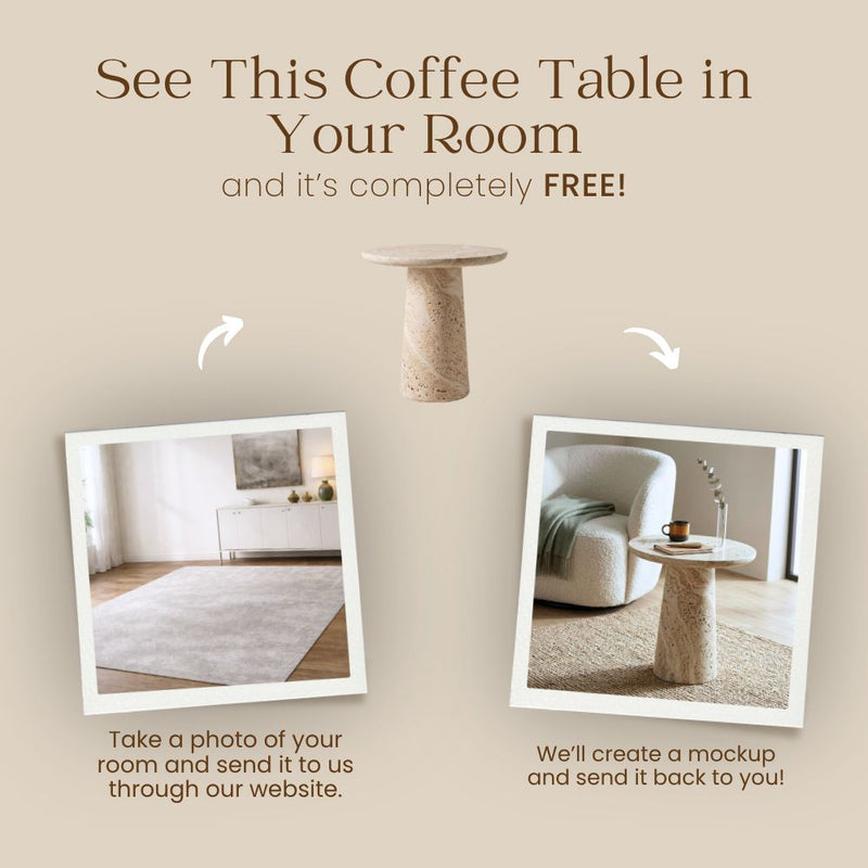Free Virtual Room Visualizer Banner for Dune Round Travertine Side Table - Sculptural Tapered Pedestal Design by Tomruque