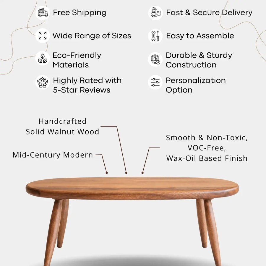 Elise Oval Coffee Table - Solid Walnut Wood Mozilya