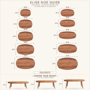 Elise size guide infographic showing multiple oval-shaped wooden tables with labeled width and height measurements, plus three table height options at the bottom on a light cream background.
