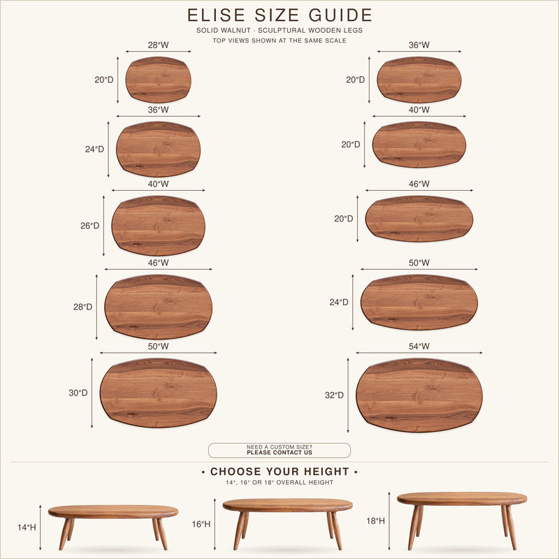 Elise size guide infographic showing multiple oval-shaped wooden tables with labeled width and height measurements, plus three table height options at the bottom on a light cream background.