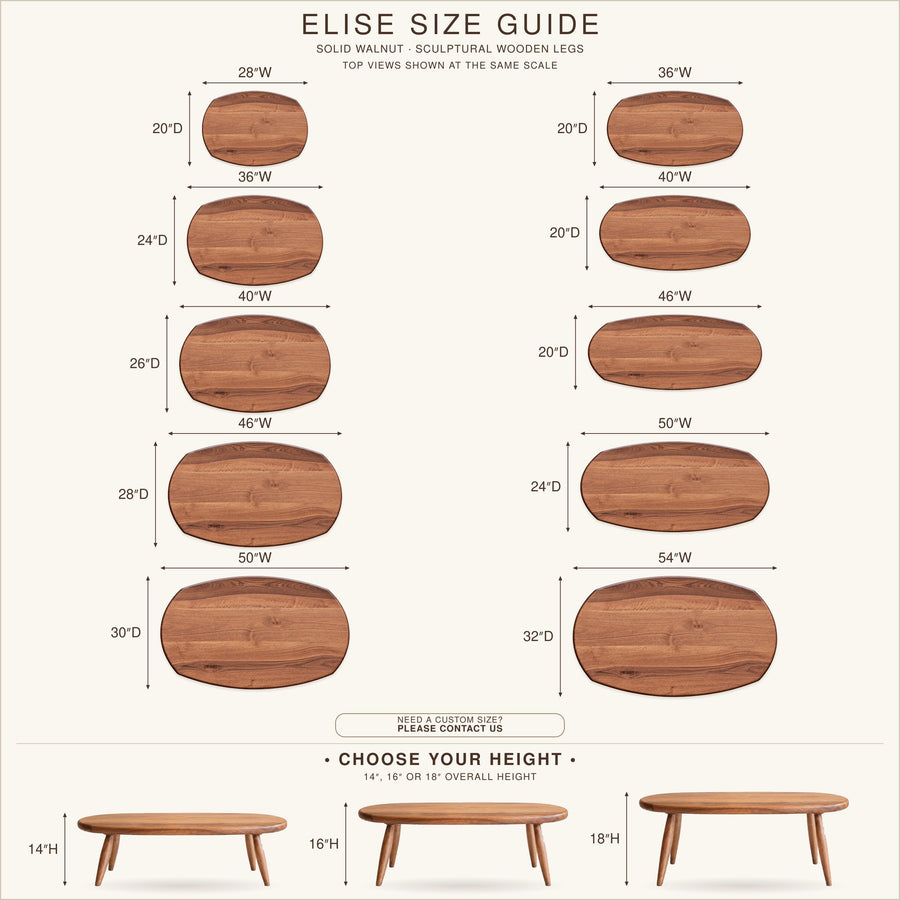 Elise size guide infographic showing multiple oval-shaped wooden tables with labeled width and height measurements, plus three table height options at the bottom on a light cream background.