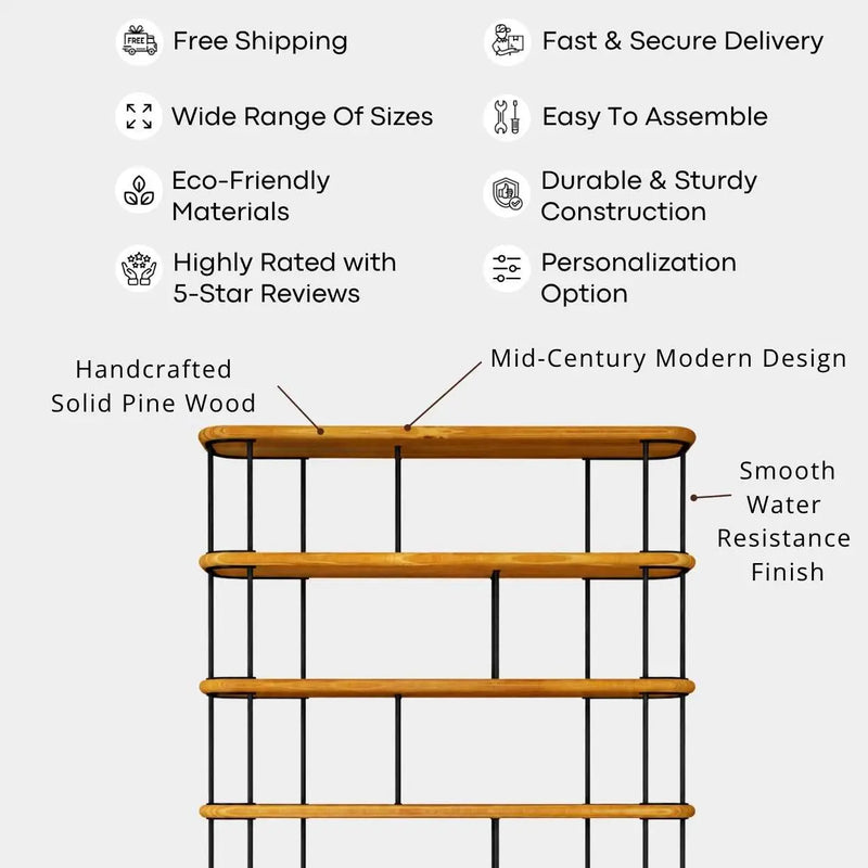 Ellis Mid Century Bookshelf | 6 Shelves Pine Wood Design