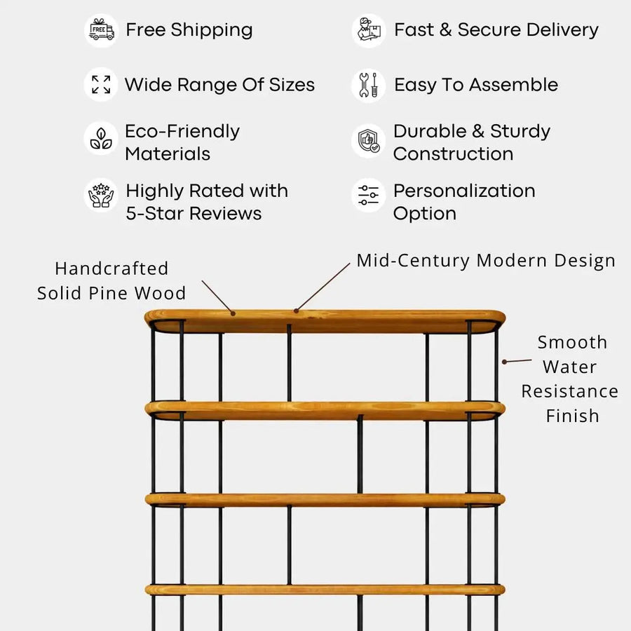 Ellis Mid Century Bookshelf | 6 Shelves Pine Wood Design Mozilya