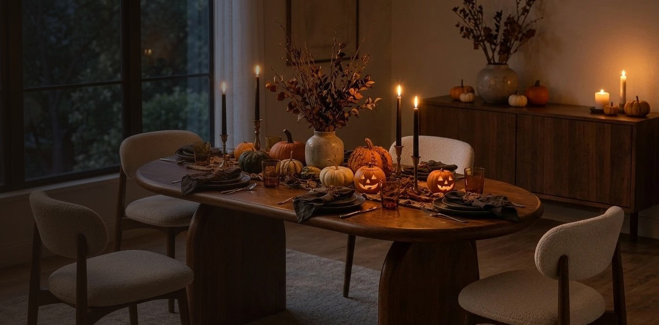 Arden walnut oval dining table set for a candlelit Halloween dinner with carved pumpkins
