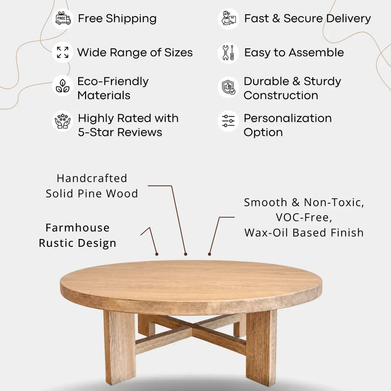 Harlow Round Wood Coffee Table - Farmhouse Style