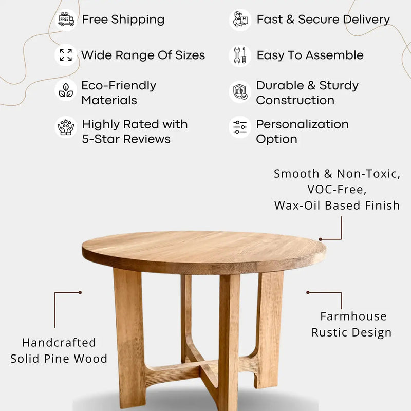 Harlow Round Wood Dining Table – Solid Wood, Farmhouse Style Mozilya