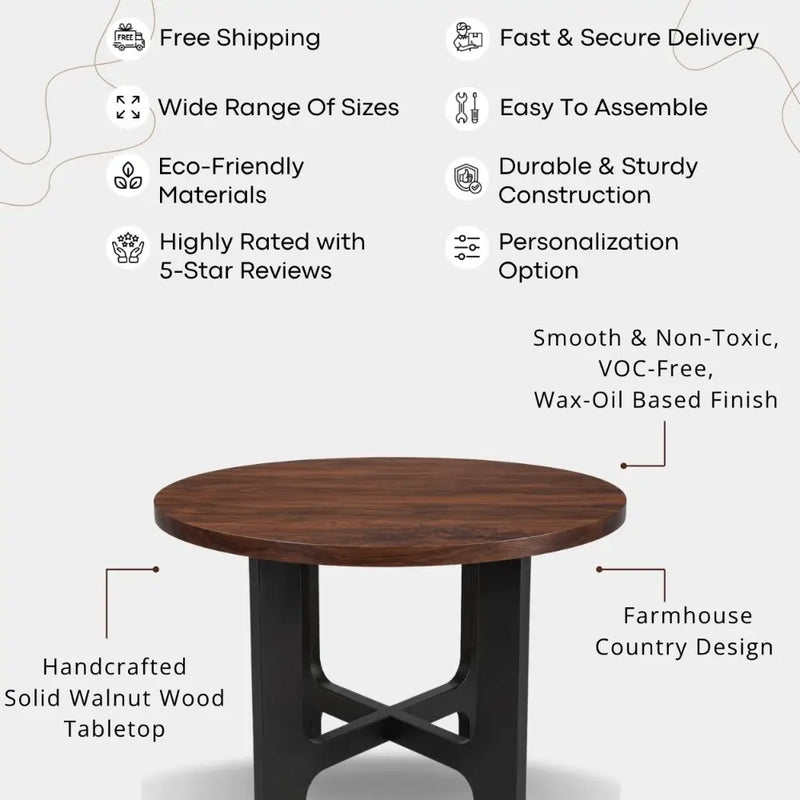 Harlow Solid Walnut Wood Round Dining Table | Farmhouse Country Style