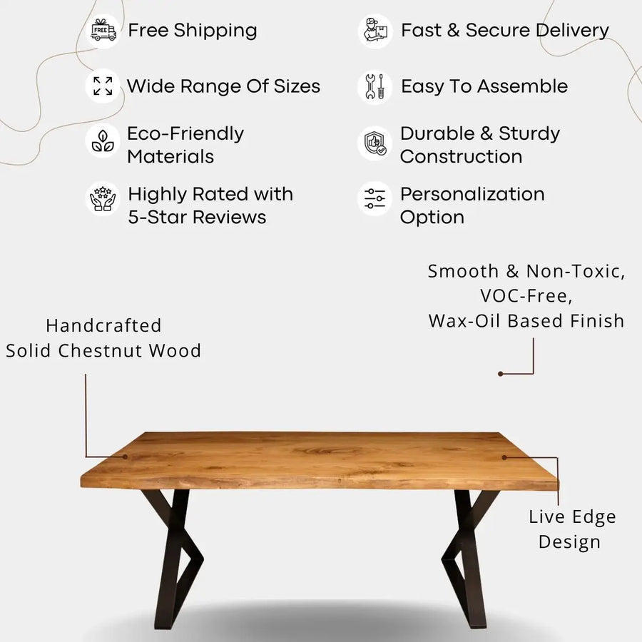 Heritage Solid Chestnut Wood Rectangle Dining Table – Live Edge Design