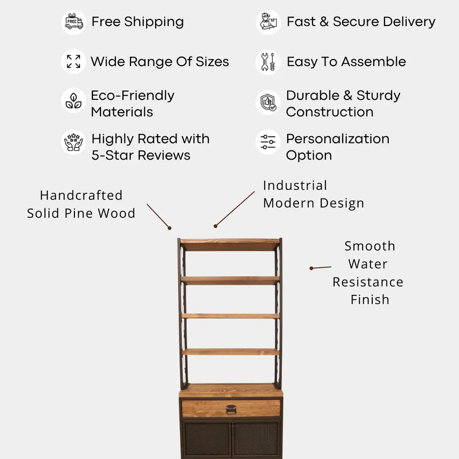 Madison Bookcase With Cabinet | 5 Shelves Solid Wood