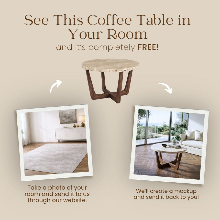 Free Virtual Room Visualizer Banner for Muse Round Travertine Coffee Table with Walnut Wood Base - Mid-Century Modern Cross Base Design by Tomruque