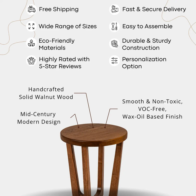 Muse Walnut Wood Round Side Table - Mid Century Modern