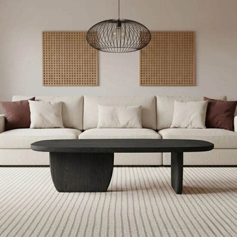Nordic Black Solid Beech Wood Oval Coffee Table – Minimalist Scandinavian Design