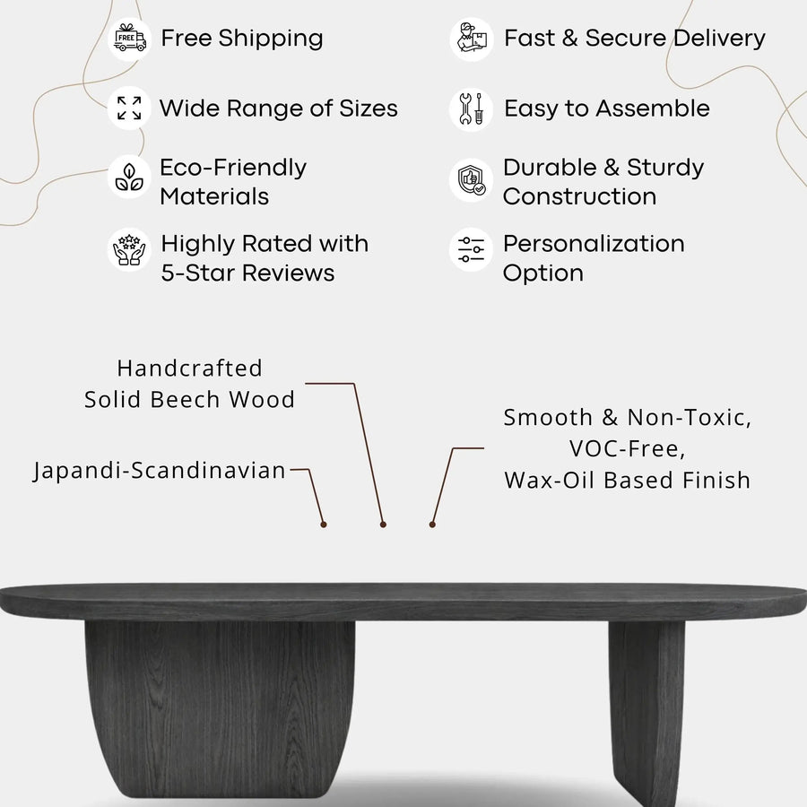 Nordic Black Solid Beech Wood Oval Coffee Table – Minimalist Scandinavian Design Mozilya