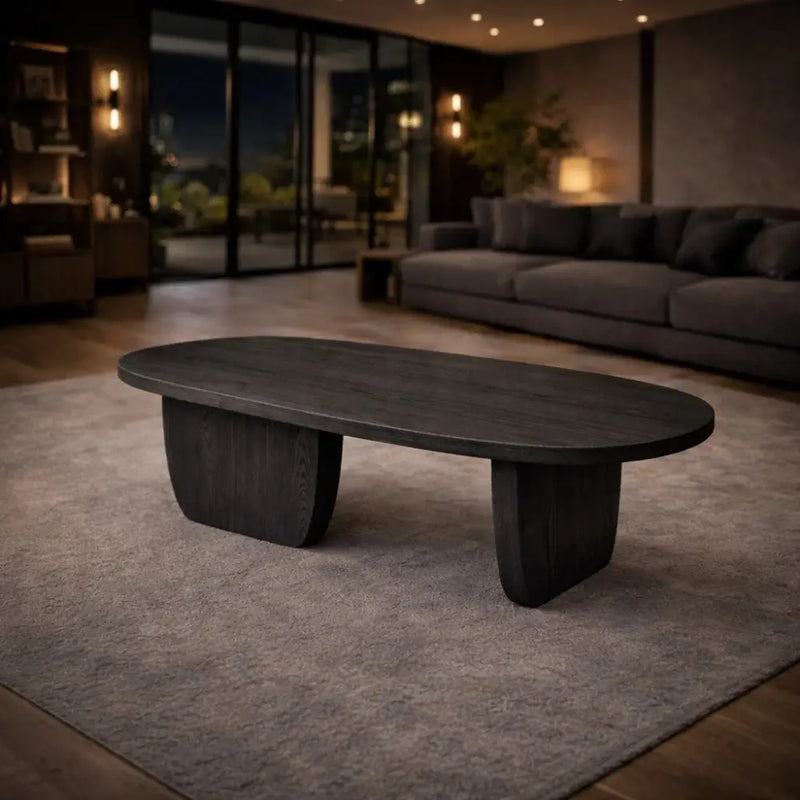 Nordic Black Solid Beech Wood Oval Coffee Table – Minimalist Scandinavian Design