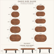 Oasis size guide infographic showing oval wood-look tabletops in various widths with dimensions, plus three low-profile table height options labeled 14"/16"/18" overall height.