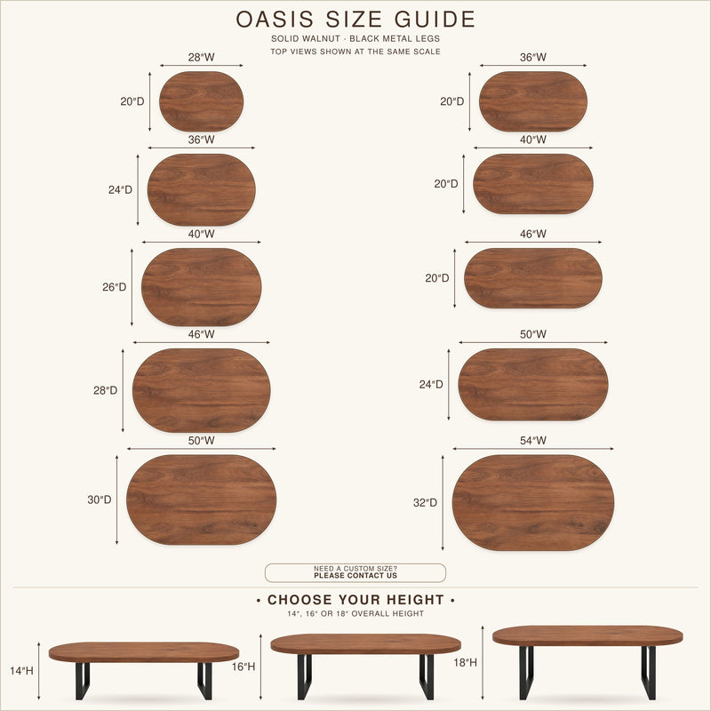 Oasis size guide infographic showing oval wood-look tabletops in various widths with dimensions, plus three low-profile table height options labeled 14"/16"/18" overall height.