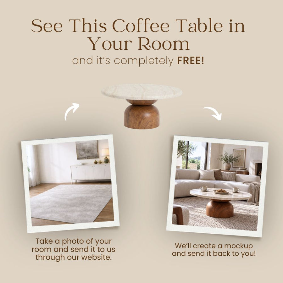 Free Virtual Room Visualizer Banner for Dune Round Travertine Coffee Table with Walnut Pedestal Base - Sculptural Modern Design by Tomruque