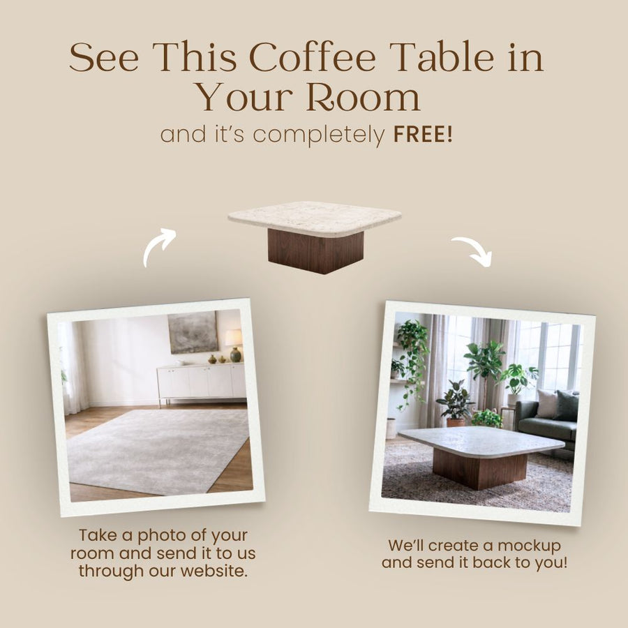 Promotional banner for Tomruque free room mockup service featuring before and after living room photos with Pera Square Travertine Coffee Table