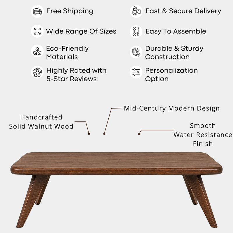 Petra Rectangular Walnut Wood Coffee Table | Mid-Century Modern