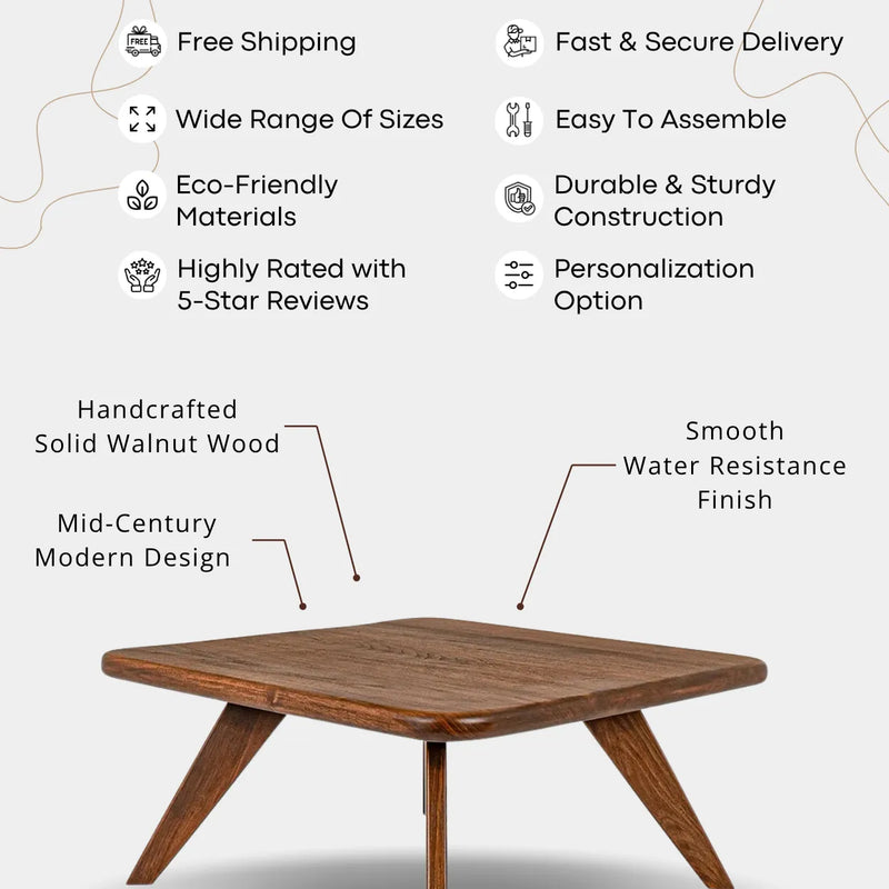 Petra Walnut Wood Square Coffee Table – Mid Century Modern Elegance