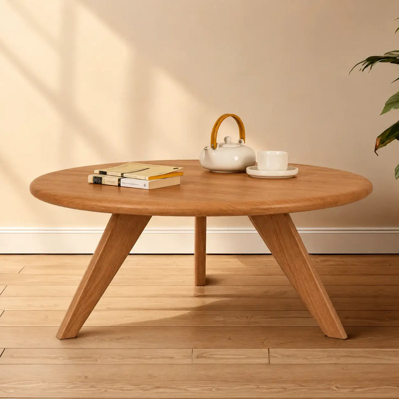 Petra Solid Oak Wood Round Coffee Table – Handcrafted Mid-Century Modern