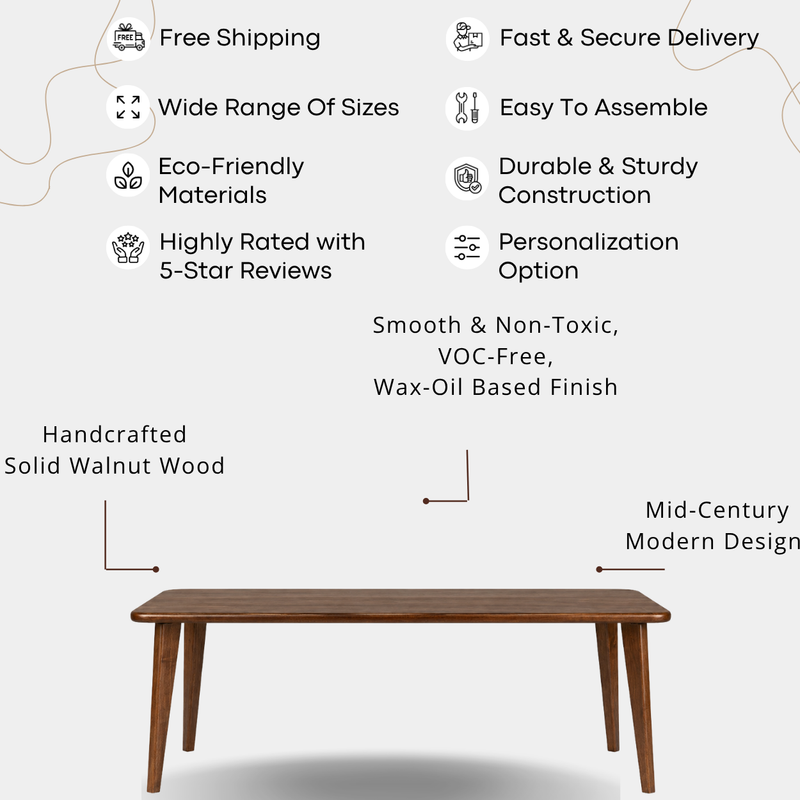 Petra Rectangular Solid Walnut Dining Table – Mid-Century Modern Design