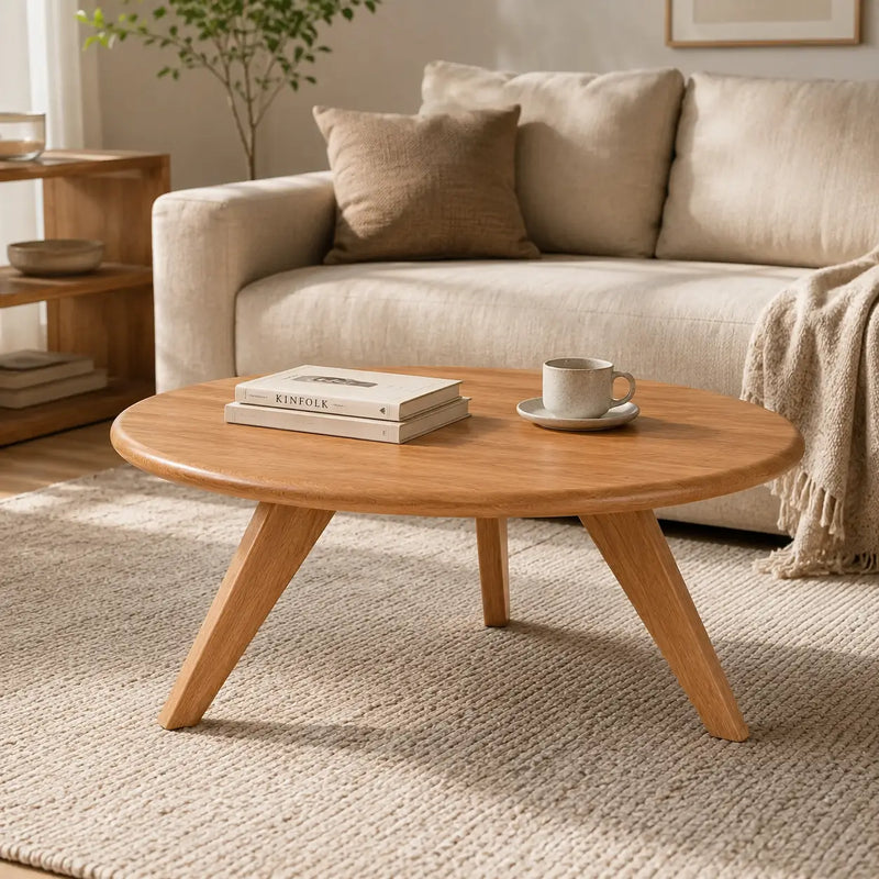 Petra Solid Oak Wood Round Coffee Table – Handcrafted Mid-Century Modern