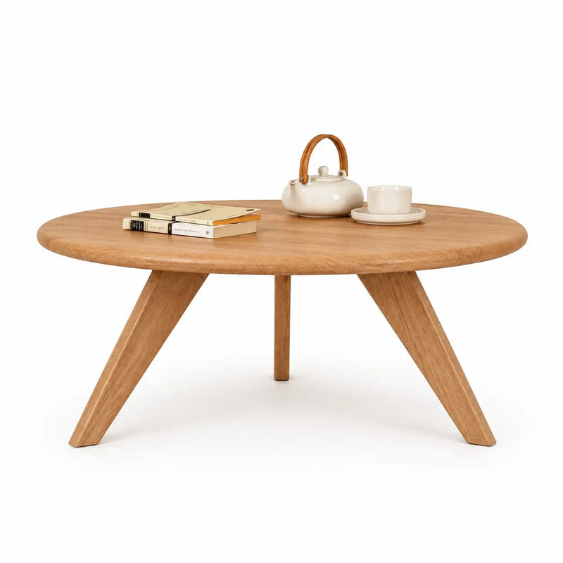Petra Solid Oak Wood Round Coffee Table – Handcrafted Mid-Century Modern