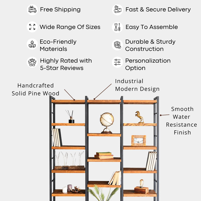 Portland Room Divider Bookcase | Solid Wood Wide Design