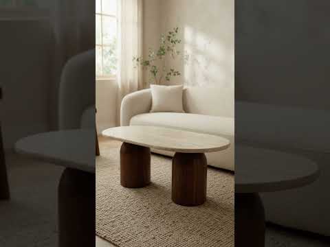 Solen Oval Travertine Coffee Table with Walnut Wood Base – Sculptural Organic Modern Design
