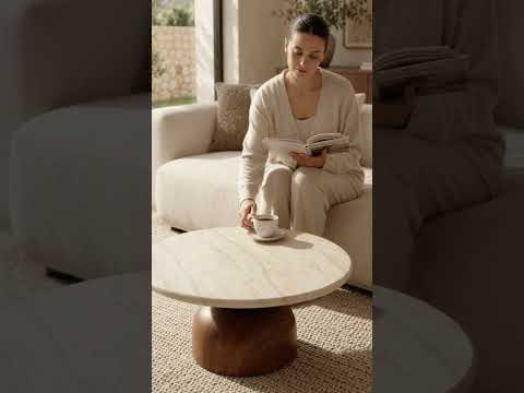 Paxos Round Travertine Coffee Table with Walnut Wood Base – Sculptural Modern Design