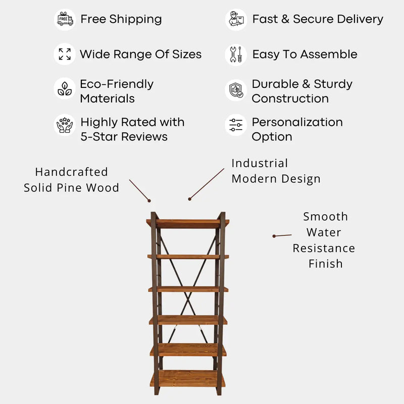Renton Rustic Bookshelf | Pine Wood Industrial Design