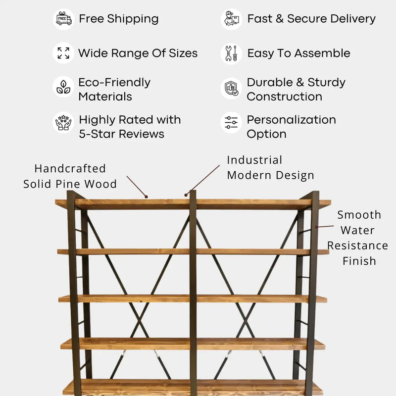 Renton Industrial Bookcase | Solid Wood Wide Shelves