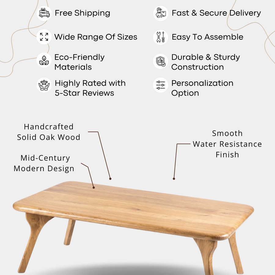 Sidney Rectangular Coffee Table Solid Oak Wood – Mid-Century Modern Design with a smooth water-resistant finish, shown on a light gray background with feature callouts and icons for free shipping, wide range of sizes, eco-friendly materials, easy assembly, durability, 5-star reviews, and personalization.
