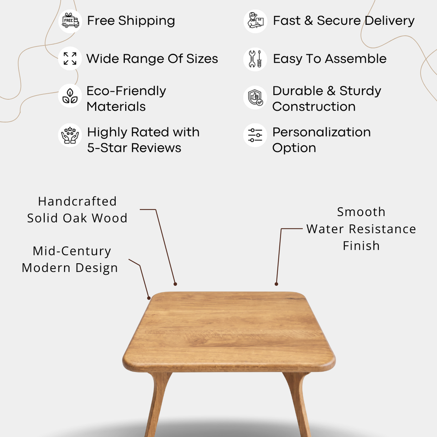 Sidney Square Wood Coffee Table Solid Oak Wood with mid-century modern design, shown on a light gray background with callout text and icons highlighting features like free shipping, wide range of sizes, eco-friendly materials, and smooth water resistance finish.
