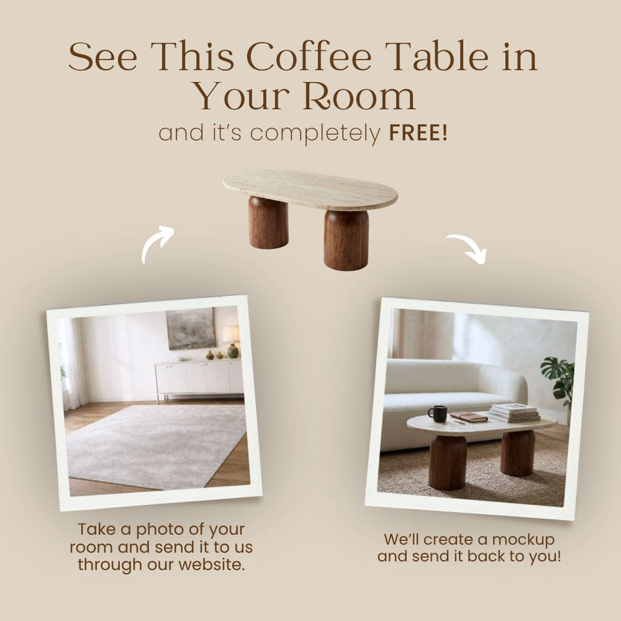 Free Virtual Room Visualizer Banner for Solen Oval Travertine Coffee Table with Walnut Wood Base - Sculptural Organic Modern Design by Tomruque