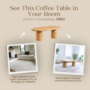 Advertisement graphic demonstrating a free service that digitally places Solen Oval Coffee Table – Beech Wood Modern Sculptural Design into a photo of a user's living room.