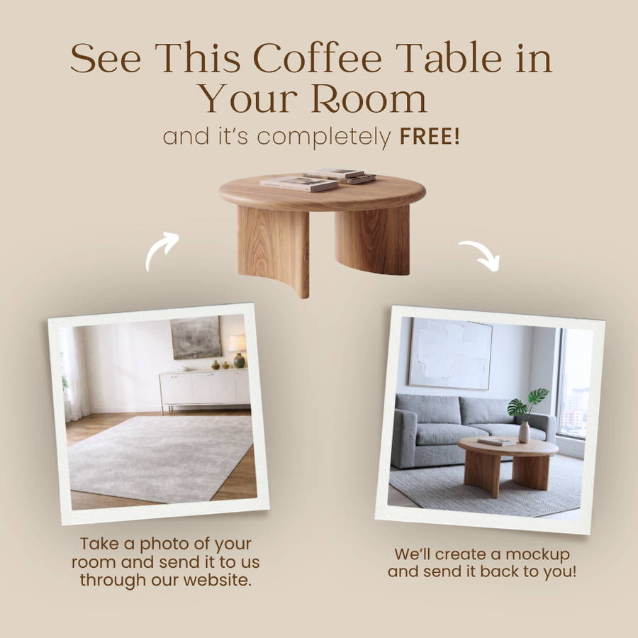Promotional graphic for Soren Round Oak Coffee Table | Sculptural Scandinavian Modern Design mockup service. The top features a wooden coffee table on a beige background with the text 'See This Coffee Table in Your Room and it's completely FREE!'.