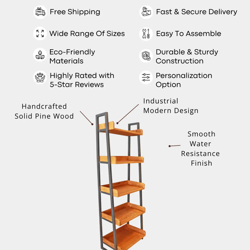 Tempo Wooden Ladder Bookcase | Narrow Industrial Design