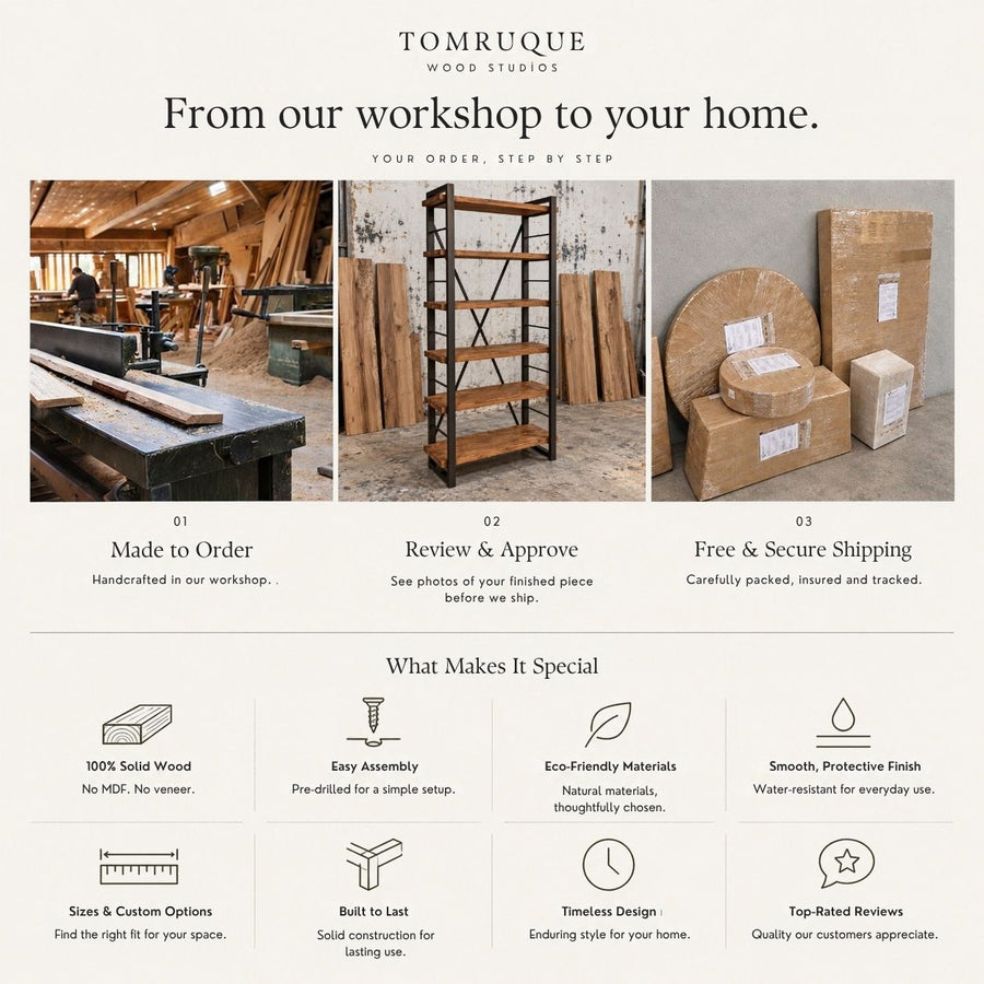 A promotional infographic for Tomruque Wood Studios showcasing their custom bookcases and other wood products. The graphic features three main photo panels with text labels: 'Made to Order' showing a craftsman working in a workshop, 'Review & Approve' showing a close-up of bookcase, and 'Free & Secure Shipping' showing stacked wooden crates.