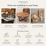 A promotional infographic for Tomruque Wood Studios showcasing their custom coffee wooden tables and other wood products. The graphic features three main photo panels with text labels: 'Made to Order' showing a craftsman working in a workshop, 'Review & Approve' showing a close-up of a handcrafted wooden table leg, and 'Free & Secure Shipping' showing stacked wooden crates.