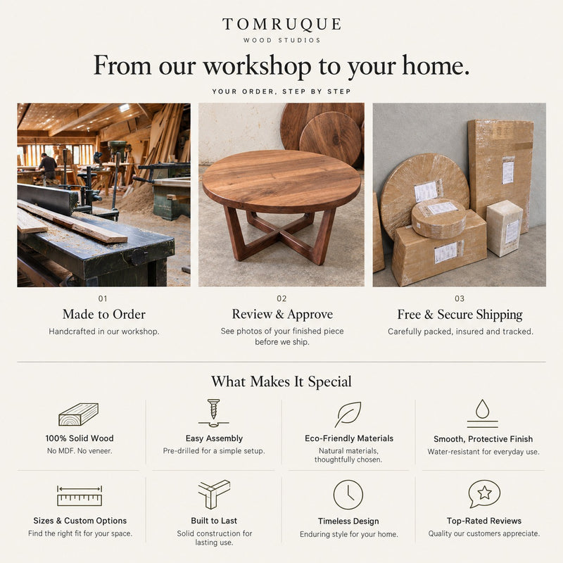 A promotional infographic for Tomruque Wood Studios showcasing their custom coffee wooden tables and other wood products. The graphic features three main photo panels with text labels: 'Made to Order' showing a craftsman working in a workshop, 'Review & Approve' showing a close-up of a handcrafted wooden table leg, and 'Free & Secure Shipping' showing stacked wooden crates.