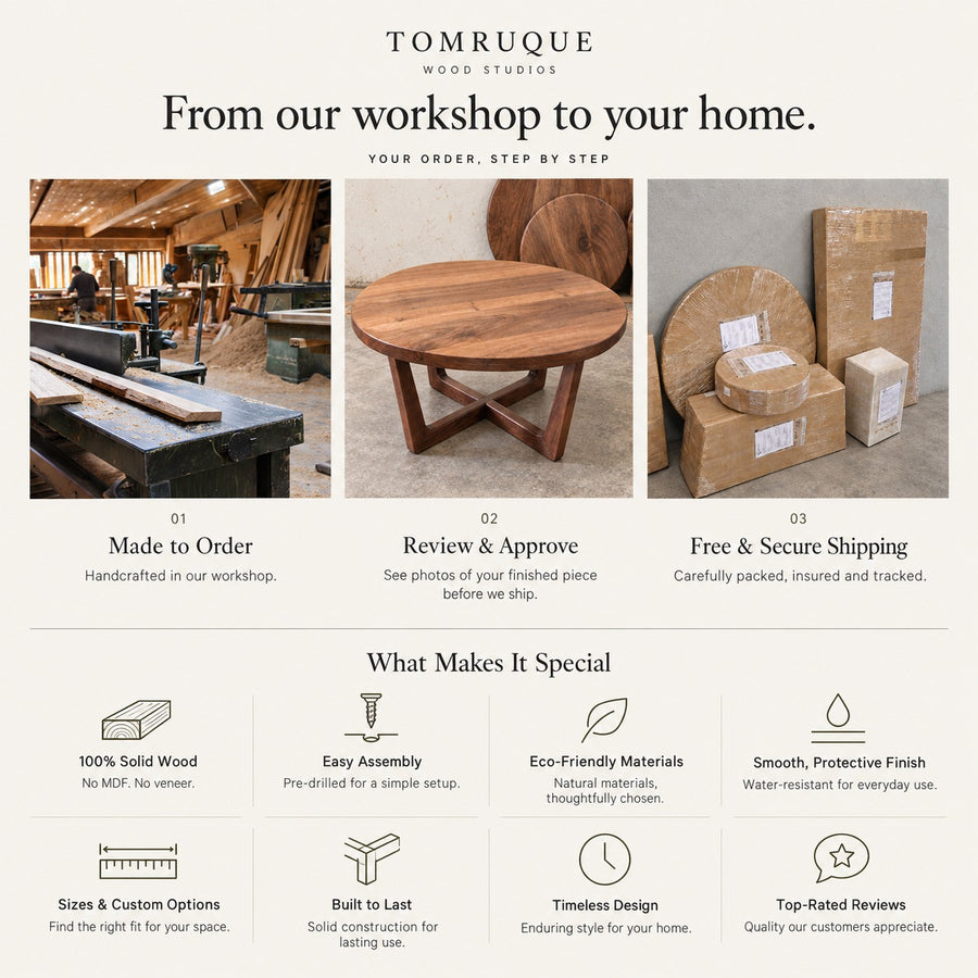 A promotional infographic for Tomruque Wood Studios showcasing their custom coffee wooden tables and other wood products. The graphic features three main photo panels with text labels: 'Made to Order' showing a craftsman working in a workshop, 'Review & Approve' showing a close-up of a handcrafted wooden table leg, and 'Free & Secure Shipping' showing stacked wooden crates.
