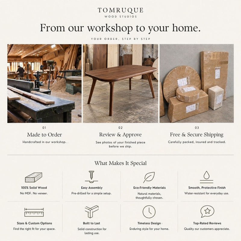A promotional infographic for Tomruque Wood Studios showcasing their custom dining wooden tables and other wood products. The graphic features three main photo panels with text labels: 'Made to Order' showing a craftsman working in a workshop, 'Review & Approve' showing a close-up of a handcrafted wooden table leg, and 'Free & Secure Shipping' showing stacked wooden crates.