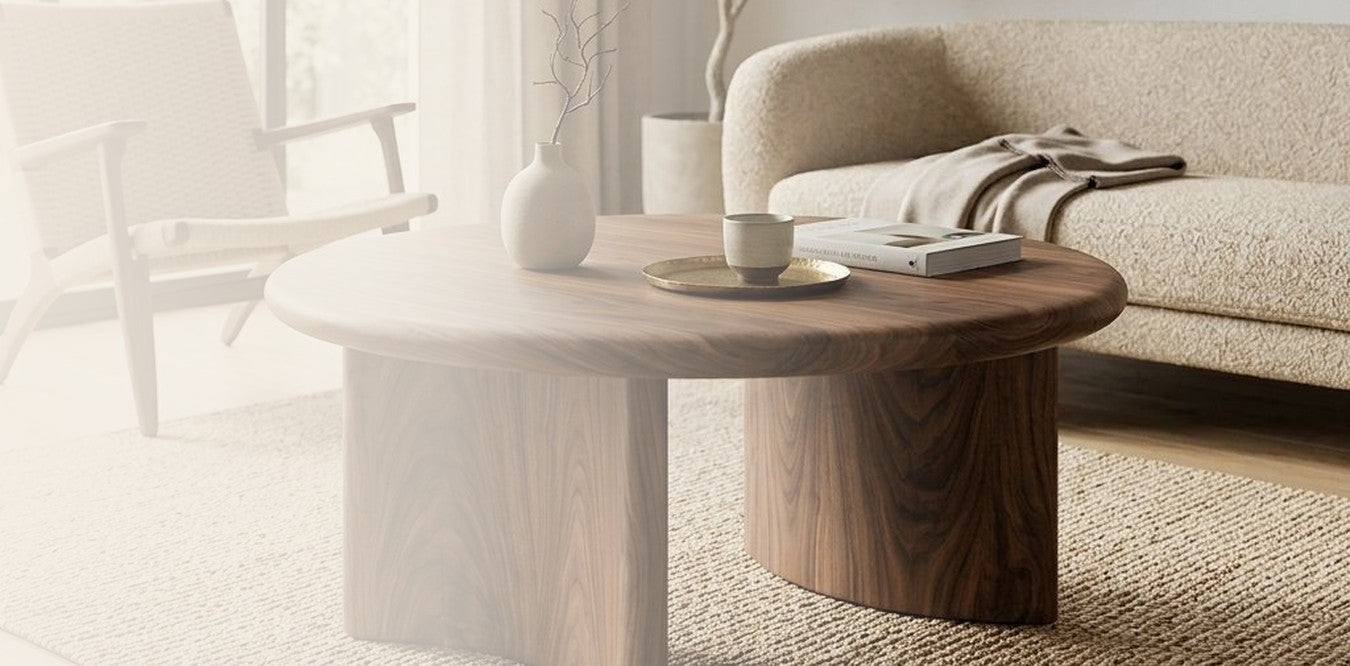 Soren round walnut coffee table in a calm living room