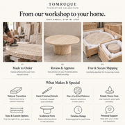 Infographic banner for Tomruque Travertine Collection illustrating handcrafted made-to-order stone production, pre-shipping approval photos, secure wooden crate packaging, and travertine care features